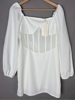 Little Mountain White Puff Sleeve Corset Dress Sheer Panel Midi Romantic L